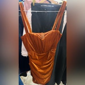 NWT Boutique Burnt Orange Golden Corset Strapped Ruched Mini Cocktail Dress MED